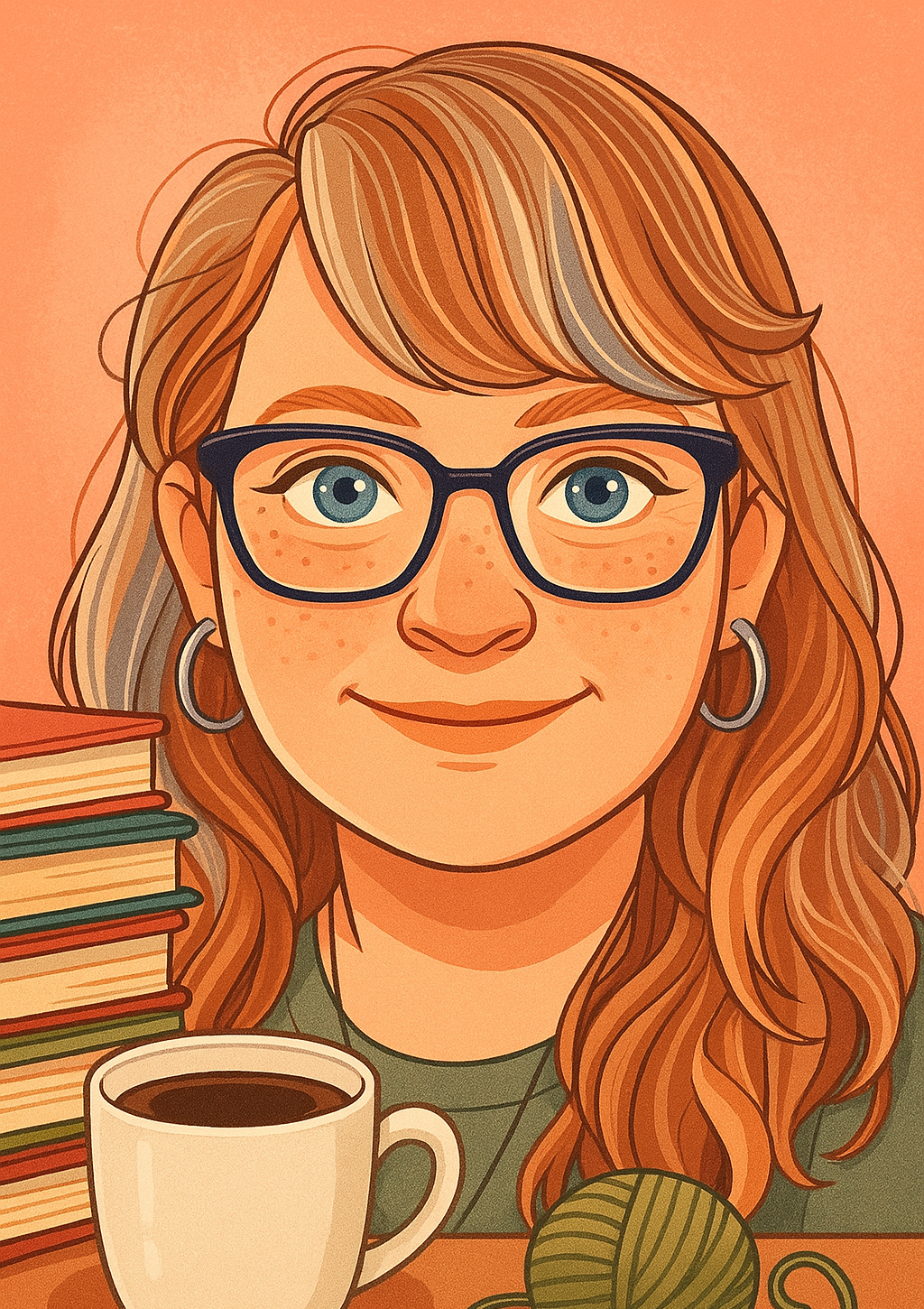 This is a cartoon image that looks like me. I have strawberry blonde hair and grey hair, blue eyes, black glasses, freckles. The image also shows my interests like books, coffee, and yarn.